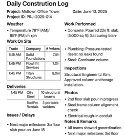 Daily construction log and report interface